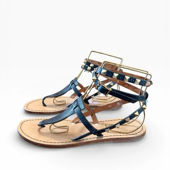 Valentino Rockstud Black Leather Thong Wrap Around Strap Flat Sandal 37.5 US 7.5